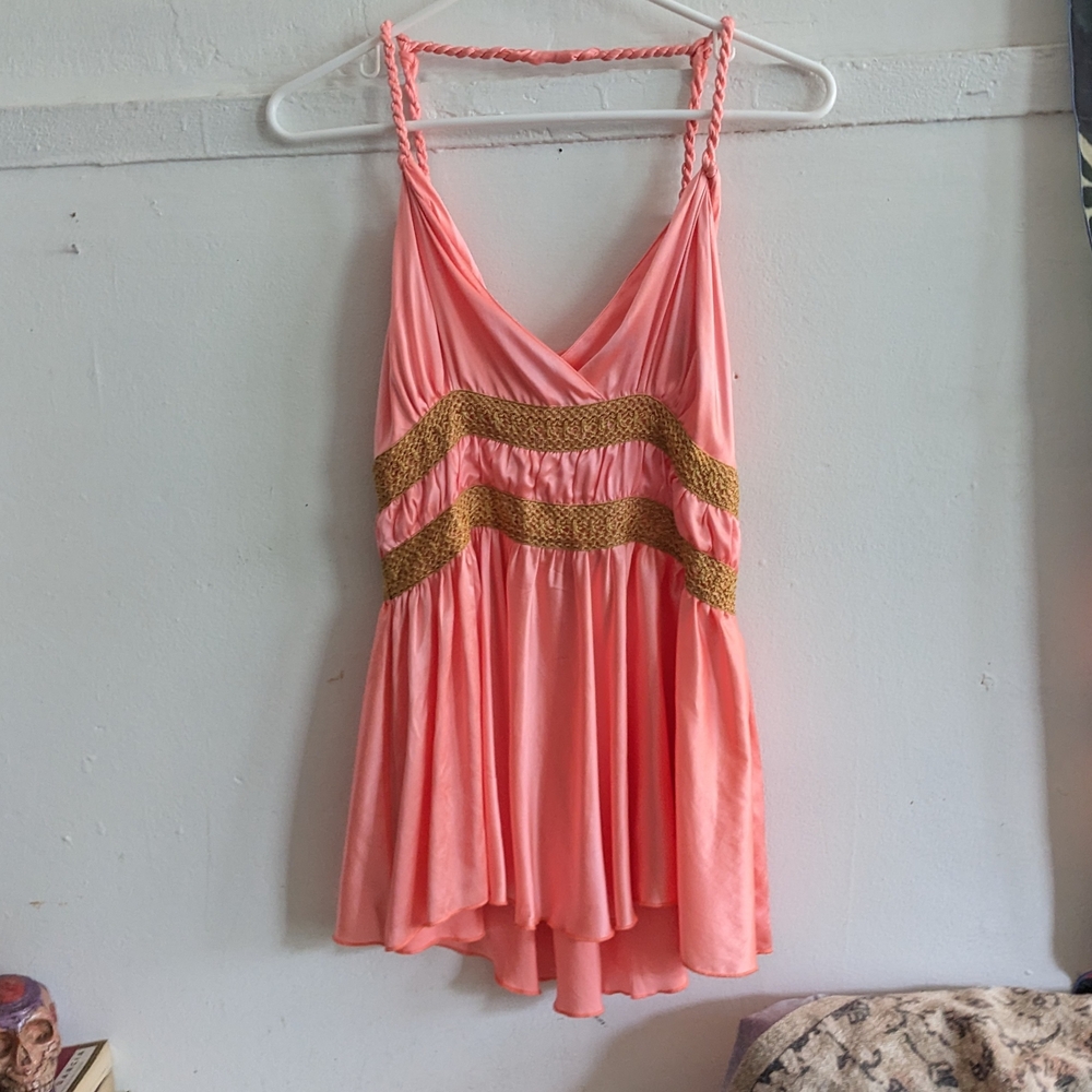 Y2k Coral Silk Babydoll Swing Cami Top Grecian Braided Strap - Heart Moon Star